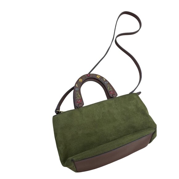 Relic Green Suede Brown Leather Floral Handle Crossbody Bag SKU 7056 - Picture 7 of 13